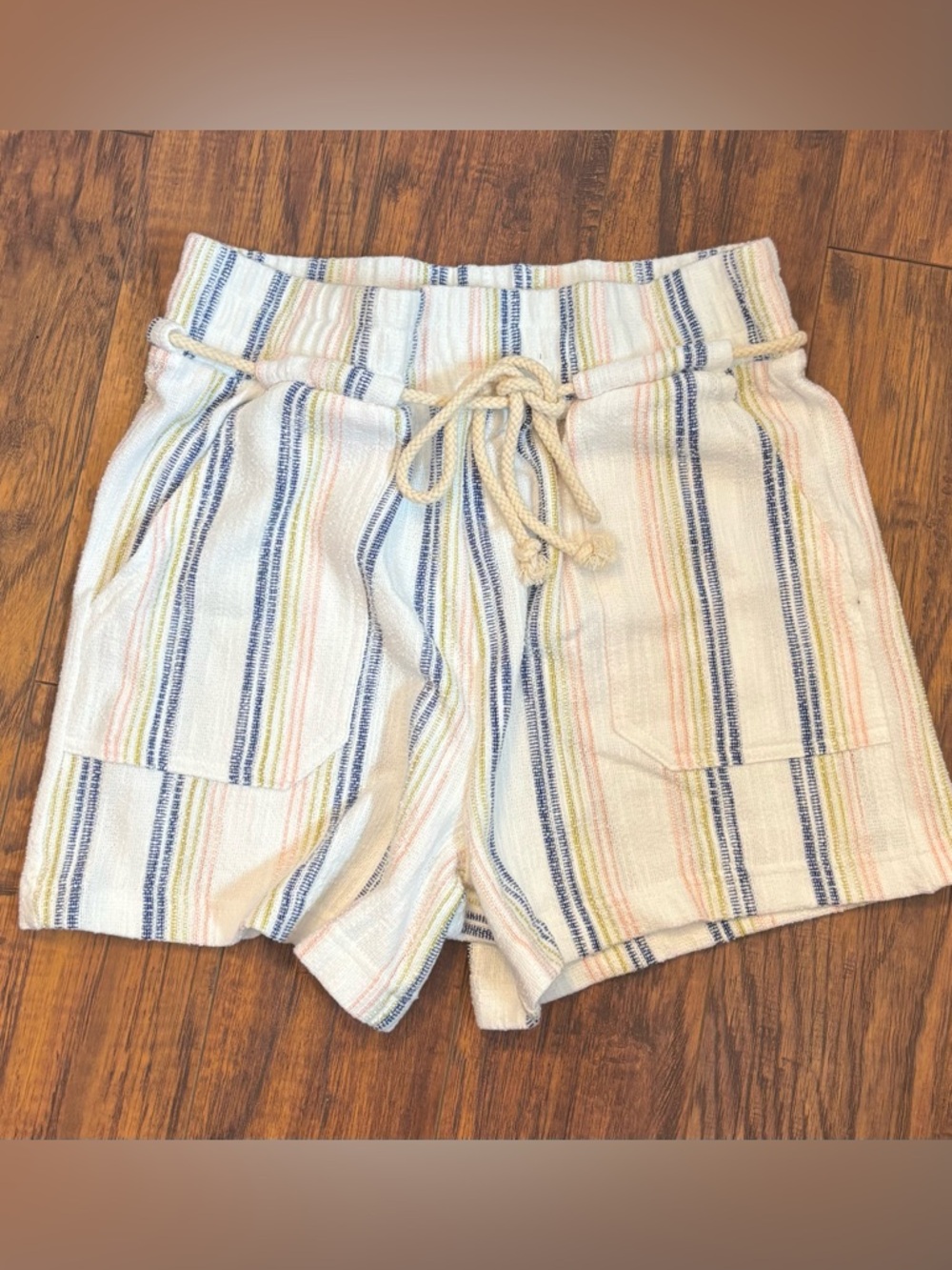 Roxy High-Waist Striped Drawstring Shorts - White with Blue & Pastel Stripes